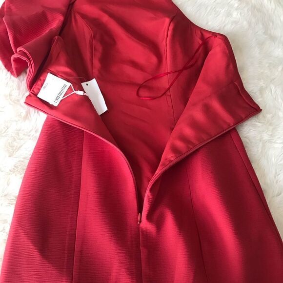 C\MEO Collective Red One Shoulder Fitted Midi Dress Thigh Slit Cocktail XS New - Picture 9 of 16